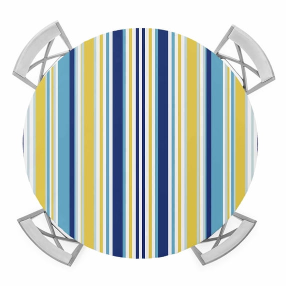 Elastic Fitted Round Tablecloth, Blue Yellow Striped Waterproof Stretch Table Cover for 36"-44" Tables, Colorful Ombre Abstract Stripes Washable Outdoor Tablecloths for Patio, Picnic, Camping