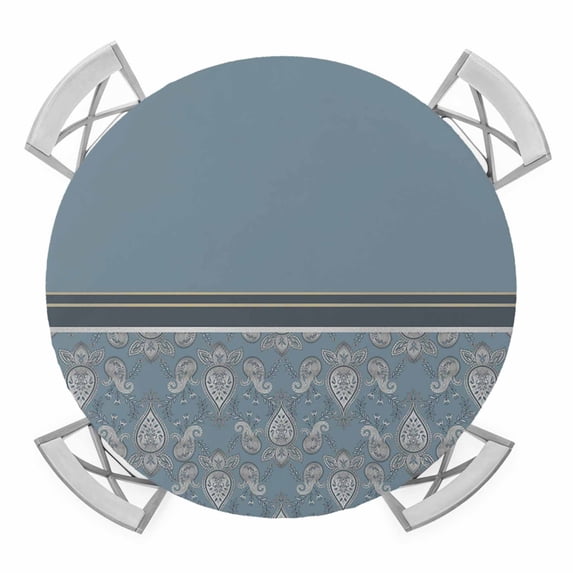 Elastic Fitted Round Tablecloth, Boho Blue Flower Waterproof Stretch Table Cover for 45"-54" Tables, Abstract Bohemia Pesley Floral Washable Outdoor Tablecloths for Patio, Picnic, Camping
