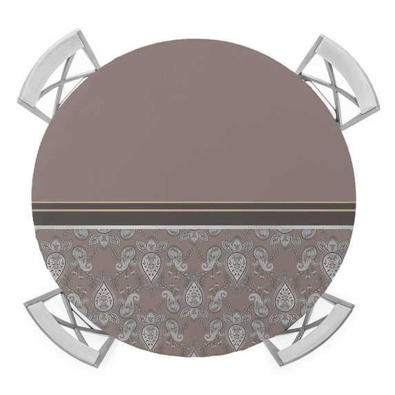 Elastic Fitted Round Tablecloth, Boho Brown Flower Waterproof Stretch Table Cover for 45"-54" Tables, Abstract Bohemia Pesley Floral Washable Outdoor Tablecloths for Patio, Picnic, Camping