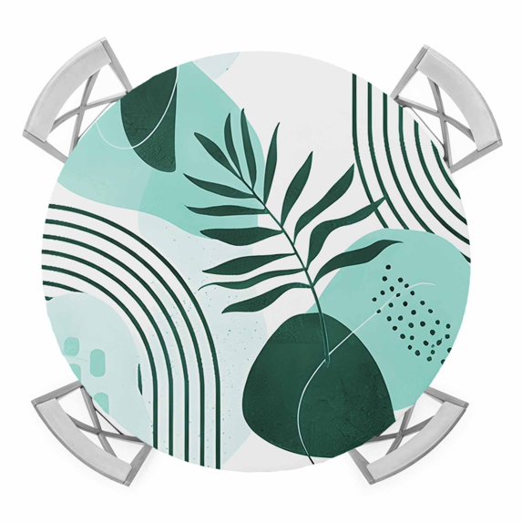 Elastic Fitted Round Tablecloth, Boho Geometric Waterproof Stretch Table Cover for 36"-44" Tables, Aqua Ethnic Abstract Stripes Leaves Washable Outdoor Tablecloths for Patio, Picnic, Camping