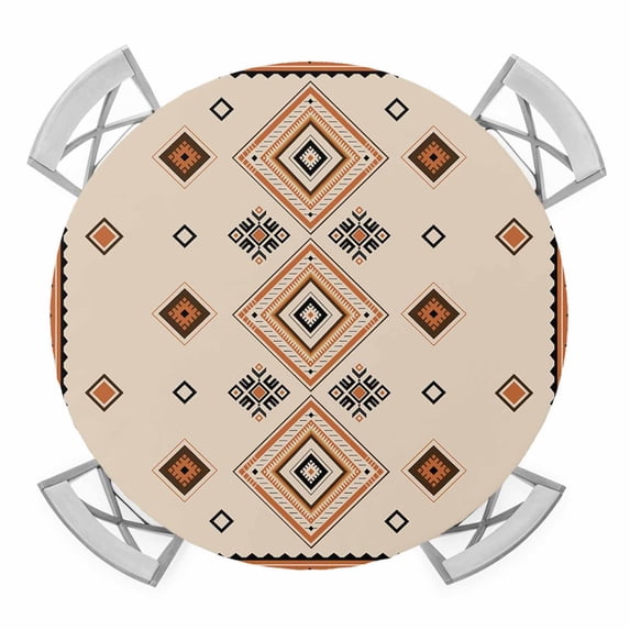 Elastic Fitted Round Tablecloth, Boho Geometric Waterproof Stretch Table Cover for 36"-44" Tables, Country Ethnic Nation Abstract Motifs Washable Outdoor Tablecloths for Patio, Picnic, Camping