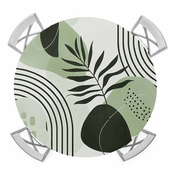 Elastic Fitted Round Tablecloth, Boho Geometric Waterproof Stretch Table Cover for 36"-44" Tables, Farmhouse Green Abstract Stripes Leaves Washable Outdoor Tablecloths for Patio, Picnic, Camping