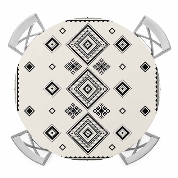 Elastic Fitted Round Tablecloth, Boho Geometric Waterproof Stretch Table Cover for 36"-44" Tables, Simple Farmhouse Nation Abstract Motifs Washable Outdoor Tablecloths for Patio, Picnic, Camping