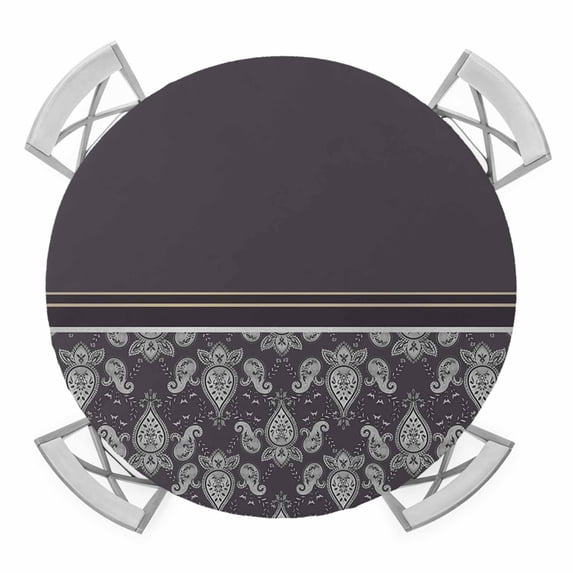 Elastic Fitted Round Tablecloth, Boho Purple Flower Waterproof Stretch Table Cover for 55"-60" Tables, Abstract Bohemia Pesley Floral Washable Outdoor Tablecloths for Patio, Picnic, Camping