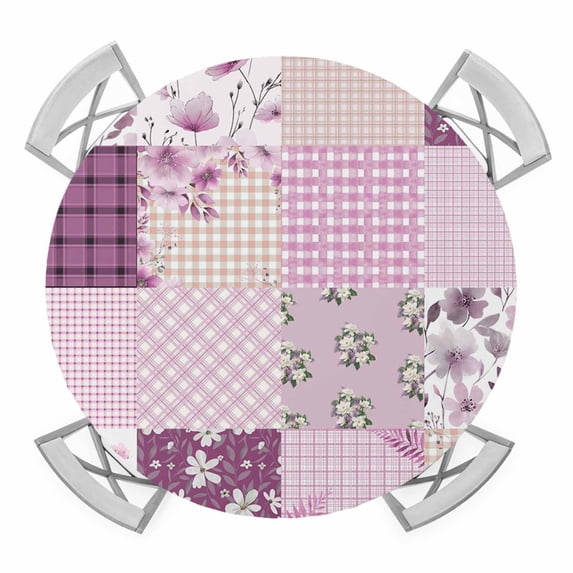 Elastic Fitted Round Tablecloth, Boho Purple Flowers Waterproof Stretch Table Cover for 55"-60" Tables, Spring Floral Botanical Patchwork Vintage Washable Outdoor Tablecloths for Patio, Picnic