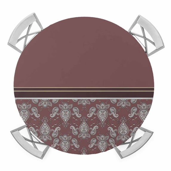 Elastic Fitted Round Tablecloth, Boho Red Brown Flower Waterproof Stretch Table Cover for 55"-60" Tables, Abstract Bohemia Pesley Floral Washable Outdoor Tablecloths for Patio, Picnic, Camping