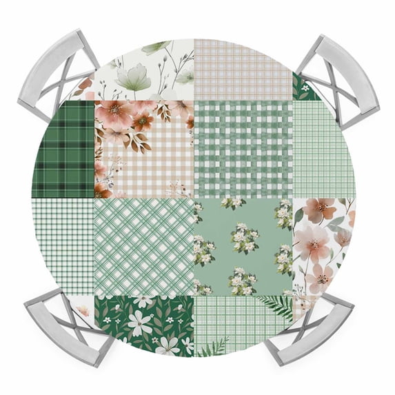 Elastic Fitted Round Tablecloth, Boho Spring Floral Waterproof Stretch Table Cover for 45"-54" Tables, Retro Flowers Plants Patchwork Grid Green Washable Outdoor Tablecloths for Patio, Picnic
