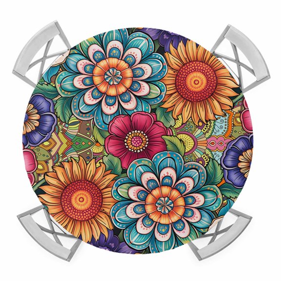 Elastic Fitted Round Tablecloth, Boho Teal Flower Waterproof Stretch Table Cover for 45"-54" Tables, Spring Bohemia Chic Red Yellow Floral Washable Outdoor Tablecloths for Patio, Picnic, Camping