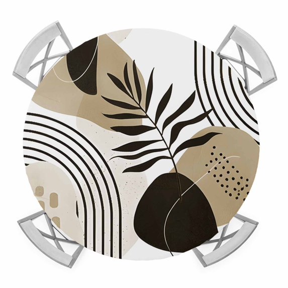 Elastic Fitted Round Tablecloth, Brown Boho Geometric Waterproof Stretch Table Cover for 36"-44" Tables, Country Retro Abstract Lines Leaves Washable Outdoor Tablecloths for Patio, Picnic, Camping