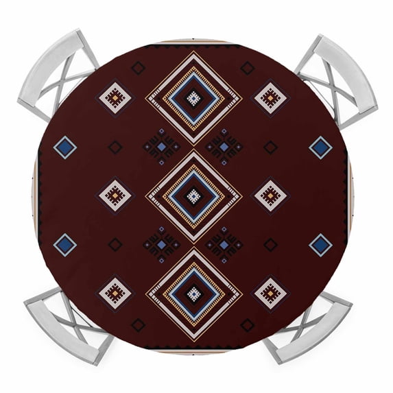 Elastic Fitted Round Tablecloth, Brown Boho Waterproof Stretch Table Cover for 45"-54" Tables, Retro Farmhouse Abstract Geometric Ethnic Art Washable Outdoor Tablecloths for Patio, Picnic, Camping