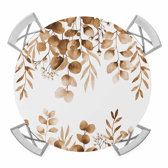 Elastic Fitted Round Tablecloth, Brown Eucalyptus Leaves Waterproof Stretch Table Cover for 45"-54" Tables, Spring Summer Botanical Washable Outdoor Tablecloths for Patio, Picnic, Camping