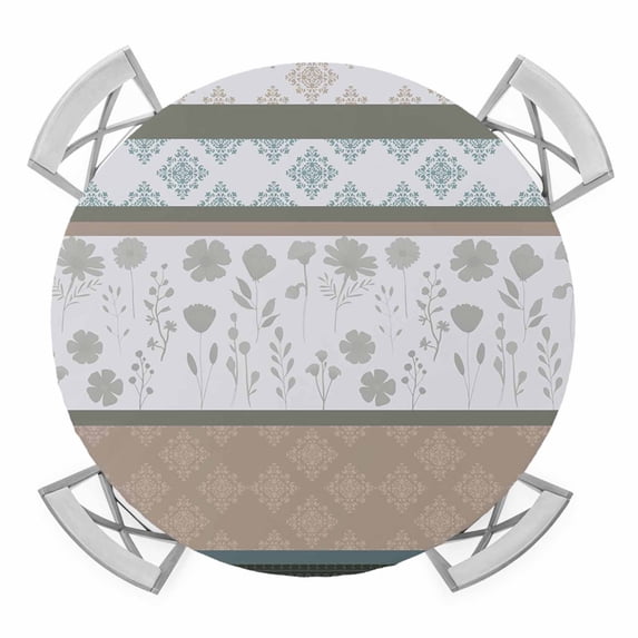 Elastic Fitted Round Tablecloth, Brown Geometric Waterproof Stretch Table Cover for 55"-60" Tables, Stripes Boho Spring Flowers Pastoral Country Washable Outdoor Tablecloths for Patio, Picnic