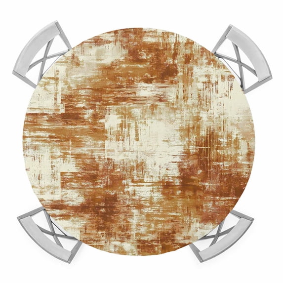 Elastic Fitted Round Tablecloth, Brown Ombre Waterproof Stretch Table Cover for 55"-60" Tables, Gradient Abstract Art Vintage Washable Outdoor Tablecloths for Patio, Picnic, Camping