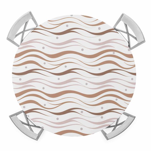 Elastic Fitted Round Tablecloth, Brown Stripes Waterproof Stretch Table Cover for 45"-54" Tables, Minimalism Ombre Waves Abstract Textures Washable Outdoor Tablecloths for Patio, Picnic, Camping