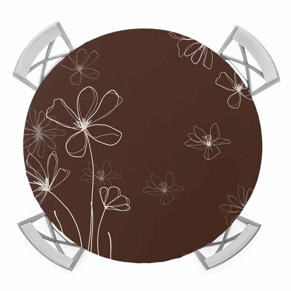 Elastic Fitted Round Tablecloth, Brown Waterproof Stretch Table Cover for 45"-54" Tables, Spring Flora Washable Outdoor Tablecloths for Patio, Picnic, Camping