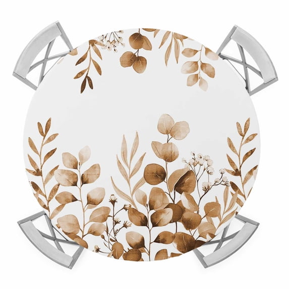 Elastic Fitted Round Tablecloth, Brown Yellow Eucalyptus Leaves Waterproof Stretch Table Cover for 45"-54" Tables, Watercolor Spring Summer Botanical Washable Outdoor Tablecloths for Patio, Picnic