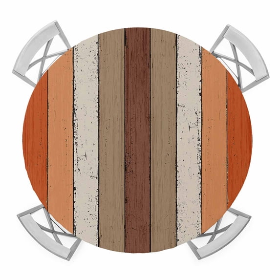 Elastic Fitted Round Tablecloth, Burnt Orange Brown Waterproof Stretch Table Cover for 45"-54" Tables, Farmhouse Vintage Wooden Washable Outdoor Tablecloths for Patio, Picnic, Camping