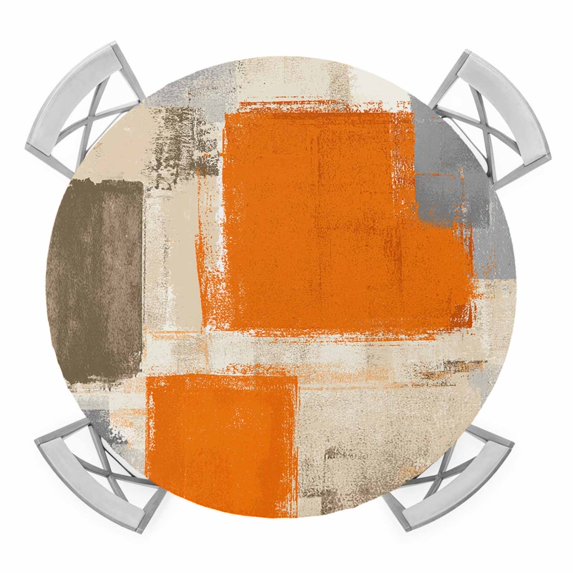 Elastic Fitted Round Tablecloth, Burnt Orange Grey Waterproof Stretch Table Cover for 36"-44" Tables, Abstract Modern Oil Painted Geometric Washable Outdoor Tablecloths for Patio, Picnic, Camping