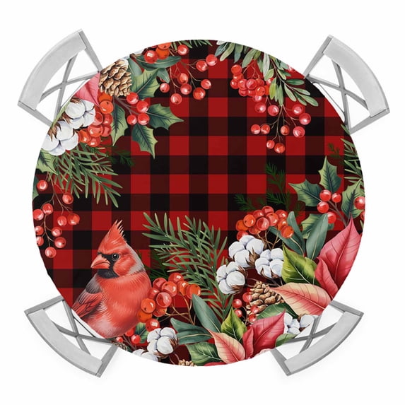 Elastic Fitted Round Tablecloth, Cardinal Bird Waterproof Stretch Table Cover for 36"-44" Tables, Poinsettia Pine Cones Berry Flowers Red Plaid Washable Outdoor Tablecloths for Patio, Picnic, Camping