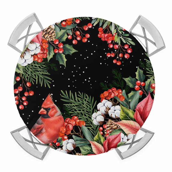 Elastic Fitted Round Tablecloth, Cardinal Bird Waterproof Stretch Table Cover for 36"-44" Tables, Winter Poinsettia Pine Cones Berry Black Washable Outdoor Tablecloths for Patio, Picnic, Camping