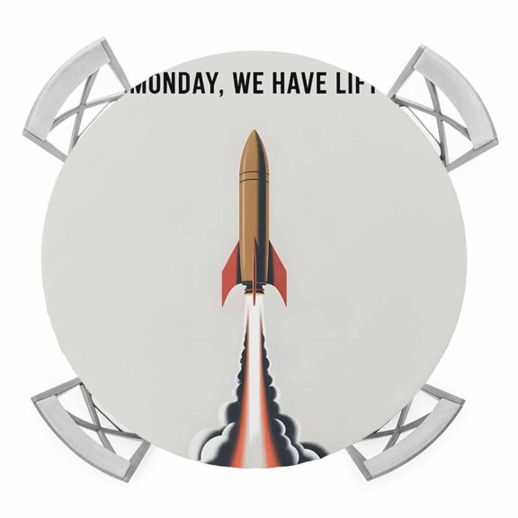 Elastic Fitted Round Tablecloth, Cartoon Rockets Waterproof Stretch Table Cover for 45"-54" Tables, Letters It's Monday We Have Lift-off Washable Outdoor Tablecloths for Patio, Picnic, Camping