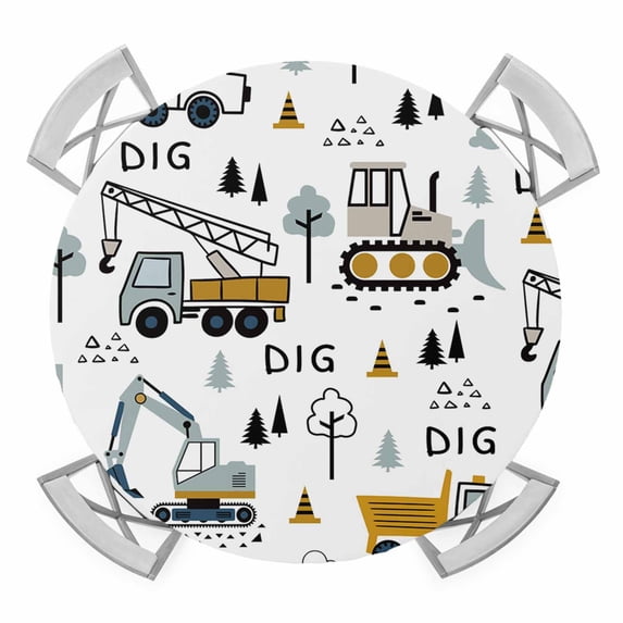 Elastic Fitted Round Tablecloth, Cartoon Tractor Waterproof Stretch Table Cover for 45"-54" Tables, Cute Grey Digger Shovel Truck Washable Outdoor Tablecloths for Patio, Picnic, Camping