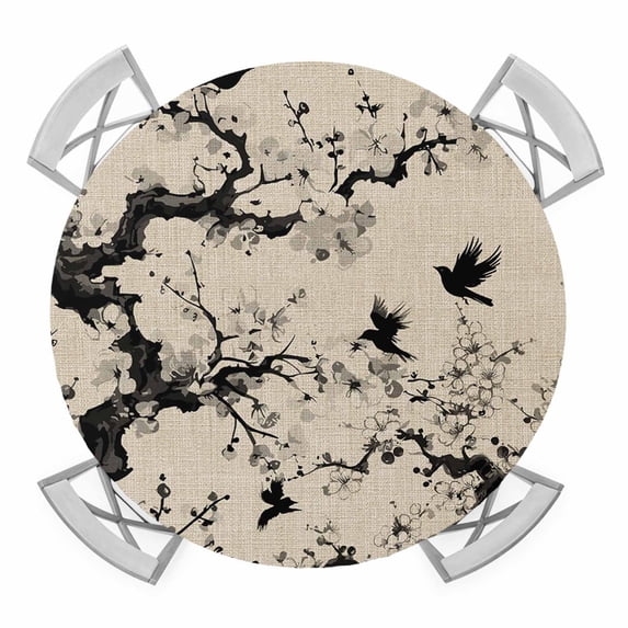 Elastic Fitted Round Tablecloth, Chinese Waterproof Stretch Table Cover for 36"-44" Tables, Black White Tree Flowers Traditional Ink Painting Washable Outdoor Tablecloths for Patio, Picnic, Camping