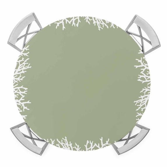 Elastic Fitted Round Tablecloth, Coastal Coral Waterproof Stretch Table Cover for 55"-60" Tables, Sage Green Ocean Marine Nautical Beach Washable Outdoor Tablecloths for Patio, Picnic, Camping