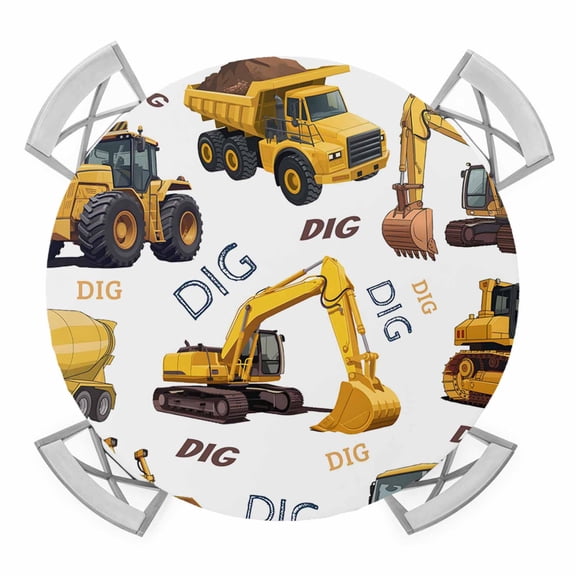 Elastic Fitted Round Tablecloth, Construction Truck Waterproof Stretch Table Cover for 36"-44" Tables, Cartoon Grips and Bulldozers Stirrup Car Washable Outdoor Tablecloths for Patio, Picnic, Camping