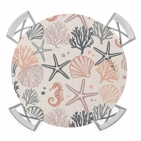 Elastic Fitted Round Tablecloth, Coral Pink Grey Coastal Waterproof Stretch Table Cover for 55"-60" Tables, Summer Beach Starfish Coral Nautical Rustic Washable Outdoor Tablecloths for Patio, Camping