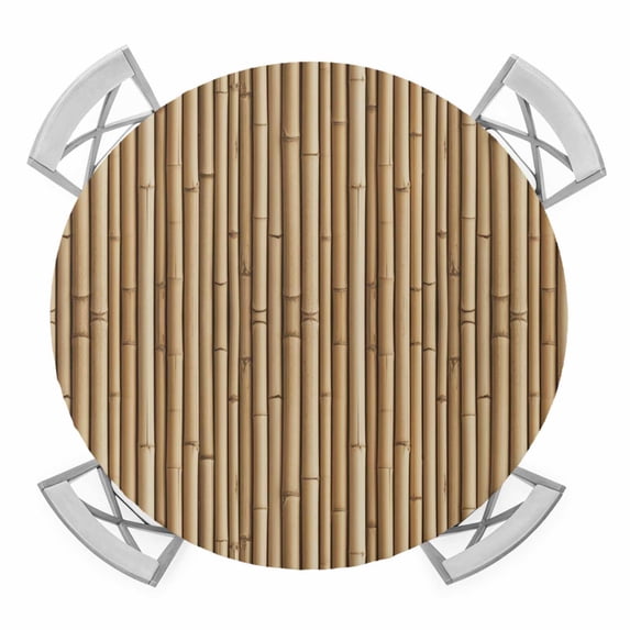Elastic Fitted Round Tablecloth, Country Farmhouse Waterproof Stretch Table Cover for 36"-44" Tables, Vintage Plants Lines Pattern Brown Washable Outdoor Tablecloths for Patio, Picnic, Camping