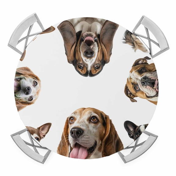 Elastic Fitted Round Tablecloth, Cute Dogs Waterproof Stretch Table Cover for 36"-44" Tables, Animals Gypsies Bulldog Cattledogs Modern Art Washable Outdoor Tablecloths for Patio, Picnic, Camping