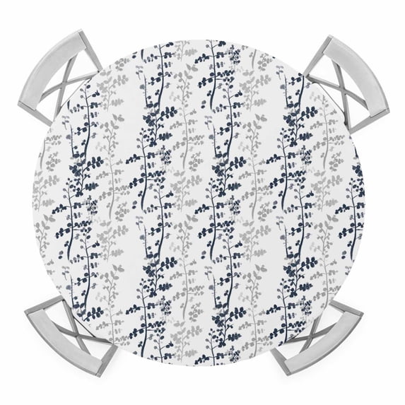Elastic Fitted Round Tablecloth, Dark Blue Grey Botanical Waterproof Stretch Table Cover for 36"-44" Tables, Spring Floral Summer Farmhouse Washable Outdoor Tablecloths for Patio, Picnic, Camping