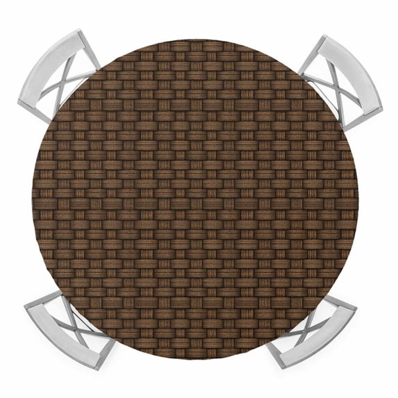 Elastic Fitted Round Tablecloth, Dark Brown Rattan Waterproof Stretch Table Cover for 36"-44" Tables, Vintage Abstract Wicker Texture Washable Outdoor Tablecloths for Patio, Picnic, Camping
