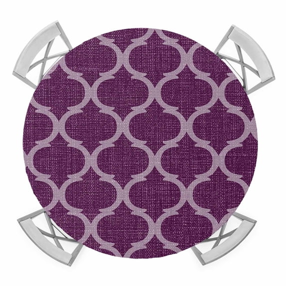 Elastic Fitted Round Tablecloth, Dark Purple Moroccan Waterproof Stretch Table Cover for 55"-60" Tables, Country Abstract Quatrefoil Lattice Washable Outdoor Tablecloths for Patio, Picnic, Camping