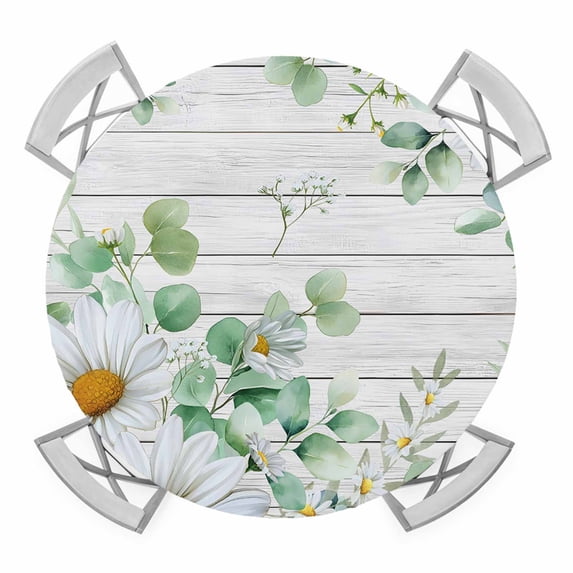 Elastic Fitted Round Tablecloth, Eucalyptus Leaves Waterproof Stretch Table Cover for 36"-44" Tables, Daisy Spring Floral Botanical Wooden Washable Outdoor Tablecloths for Patio, Picnic, Camping