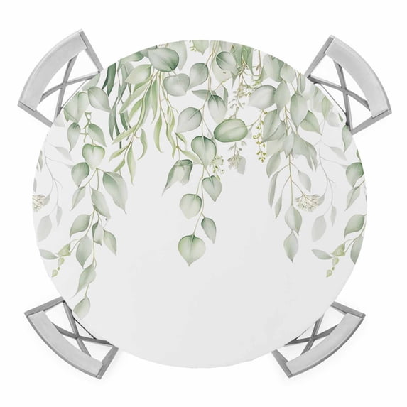 Elastic Fitted Round Tablecloth, Eucalyptus Leaves Waterproof Stretch Table Cover for 36"-44" Tables, Summer Country Leaves Natural Plants Washable Outdoor Tablecloths for Patio, Picnic, Camping