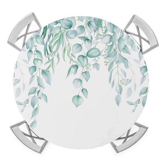 Elastic Fitted Round Tablecloth, Eucalyptus Leaves Waterproof Stretch Table Cover for 55"-60" Tables, Turquoise Summer Botanical Weeping Washable Outdoor Tablecloths for Patio, Picnic, Camping