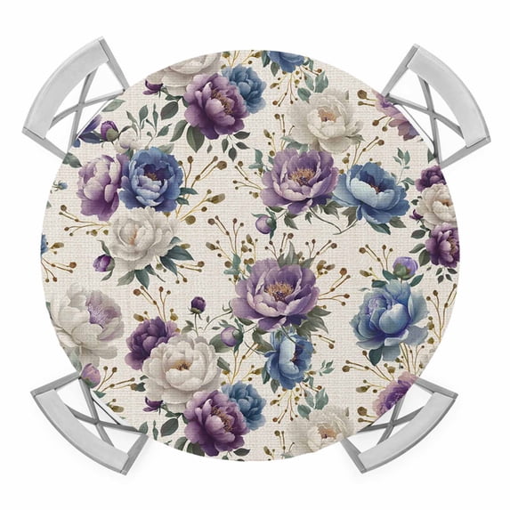 Elastic Fitted Round Tablecloth, Farmhouse Flowers Waterproof Stretch Table Cover for 55"-60" Tables, Botanical Purple Blue Floral Plants Washable Outdoor Tablecloths for Patio, Picnic, Camping