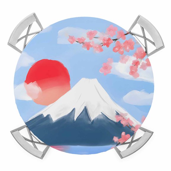 Elastic Fitted Round Tablecloth, Flowers Mountain Waterproof Stretch Table Cover for 36"-44" Tables, Spring Sun Floral Nature Scenery Washable Outdoor Tablecloths for Patio, Picnic, Camping