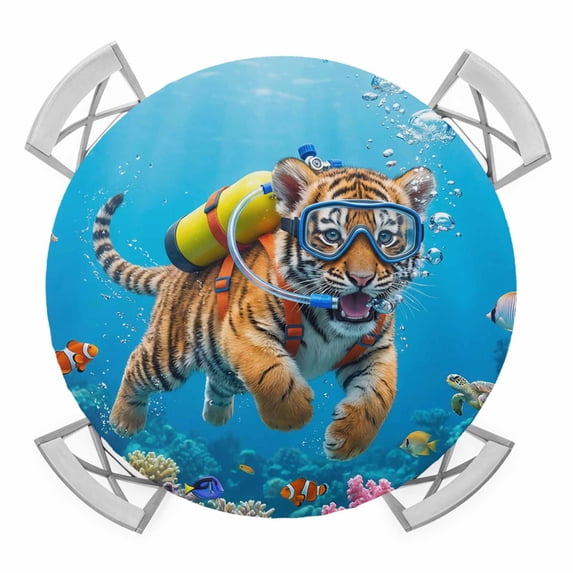 Elastic Fitted Round Tablecloth, Funny Diving Tiger Waterproof Stretch Table Cover for 36"-44" Tables, Ocean Sea Coastal Coral Fish Marine Life Washable Outdoor Tablecloths for Patio, Picnic, Camping