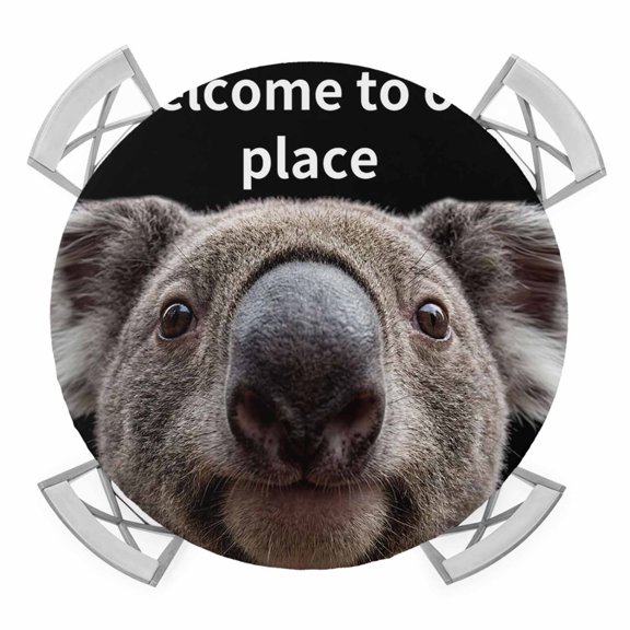 Elastic Fitted Round Tablecloth, Funny Koala Waterproof Stretch Table Cover for 45"-54" Tables, Welcome To OUR Place Modern Retro Washable Outdoor Tablecloths for Patio, Picnic, Camping