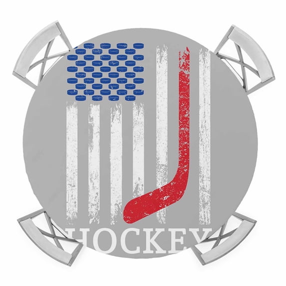 Elastic Fitted Round Tablecloth, Gray American Flag Waterproof Stretch Table Cover for 36"-44" Tables, Abstract Red Hockey Stripes Us Flag Washable Outdoor Tablecloths for Patio, Picnic, Camping