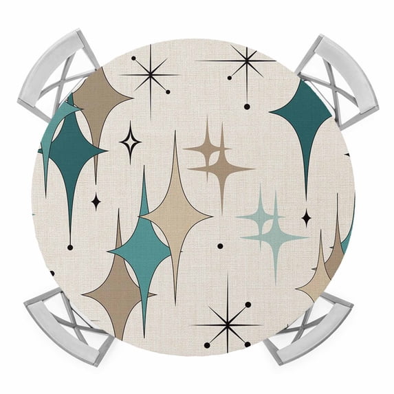 Elastic Fitted Round Tablecloth, Green Beige Diamond Waterproof Stretch Table Cover for 55"-60" Tables, Modern Geometric Middle Century Washable Outdoor Tablecloths for Patio, Picnic, Camping