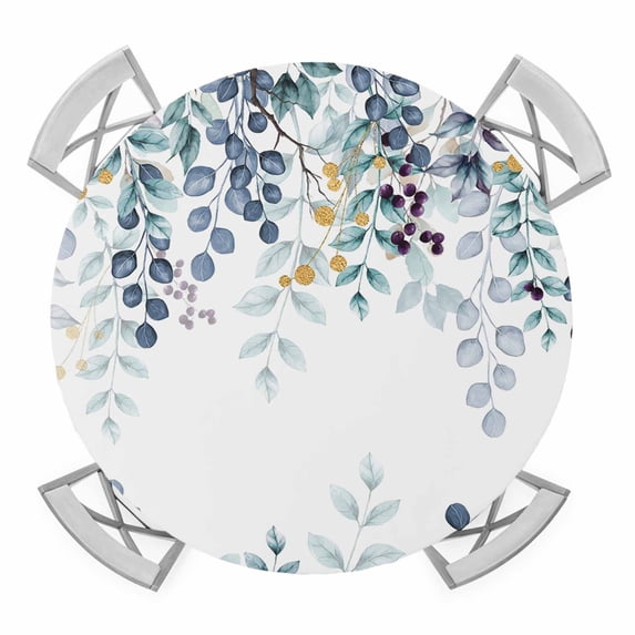 Elastic Fitted Round Tablecloth, Green Blue Eucalyptus Leaves Waterproof Stretch Table Cover for 45"-54" Tables, Summer Botanical Weeping Washable Outdoor Tablecloths for Patio, Picnic, Camping