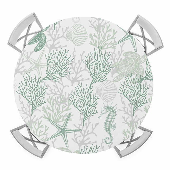 Elastic Fitted Round Tablecloth, Green Coastal Waterproof Stretch Table Cover for 55"-60" Tables, Sea Turtle Nautical Coral Summer Beach Washable Outdoor Tablecloths for Patio, Picnic, Camping