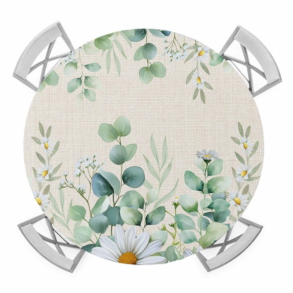 Elastic Fitted Round Tablecloth, Green Eucalyptus Leaves Waterproof Stretch Table Cover for 45"-54" Tables, Daisy Summer Botanical Watercolor Washable Outdoor Tablecloths for Patio, Picnic, Camping