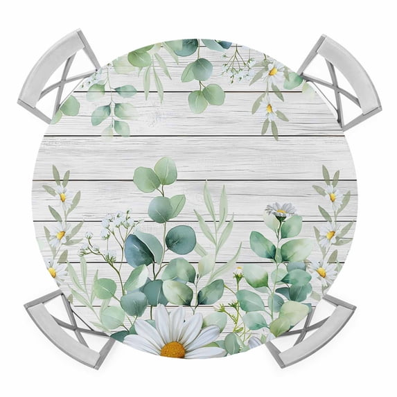 Elastic Fitted Round Tablecloth, Green Eucalyptus Leaves Waterproof Stretch Table Cover for 45"-54" Tables, Daisy Summer Botanical Wooden Washable Outdoor Tablecloths for Patio, Picnic, Camping