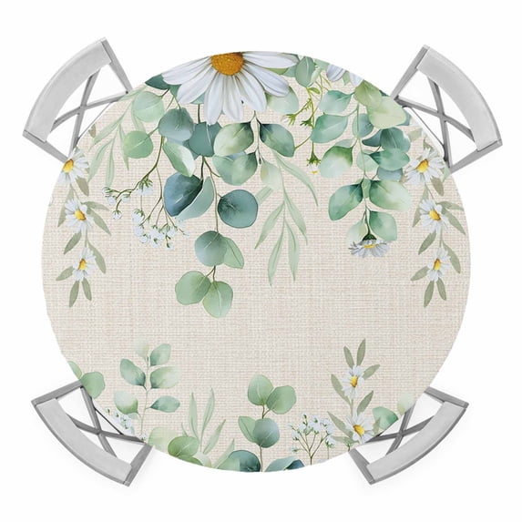 Elastic Fitted Round Tablecloth, Green Eucalyptus Leaves Waterproof Stretch Table Cover for 45"-54" Tables, Spring Daily Flowers Botanical Linen Washable Outdoor Tablecloths for Patio, Picnic