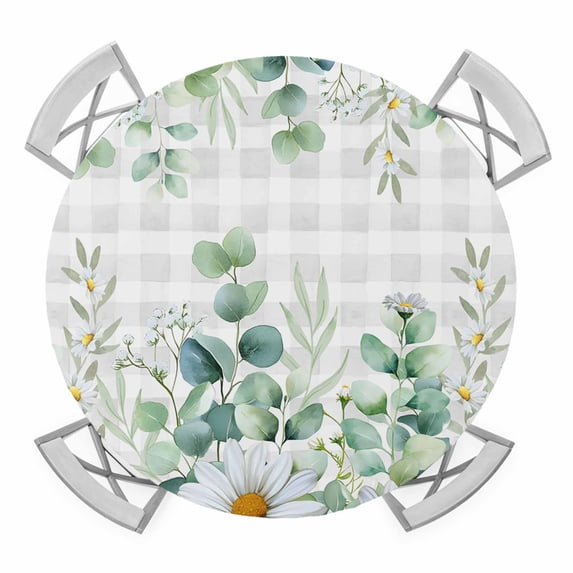 Elastic Fitted Round Tablecloth, Green Eucalyptus Leaves Waterproof Stretch Table Cover for 55"-60" Tables, Daisy Summer Botanical Watercolor Plaid Washable Outdoor Tablecloths for Patio, Picnic